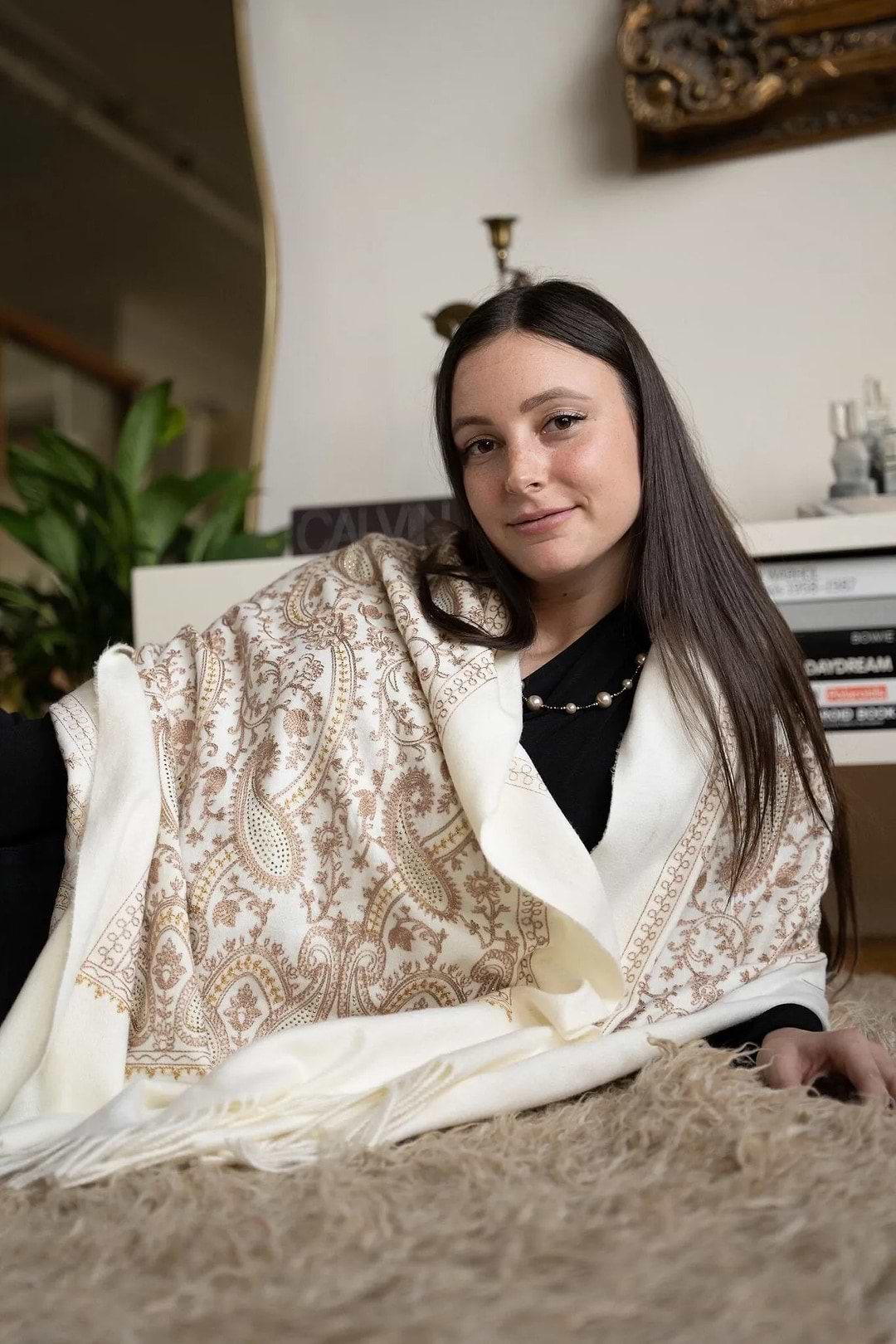 Nora Embroidered Reversible Scarf Ivory