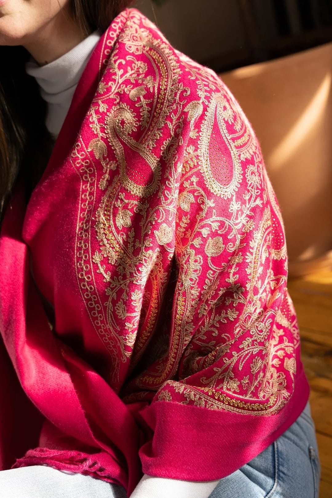 Nora Embroidered Reversible Scarf Deep Pink