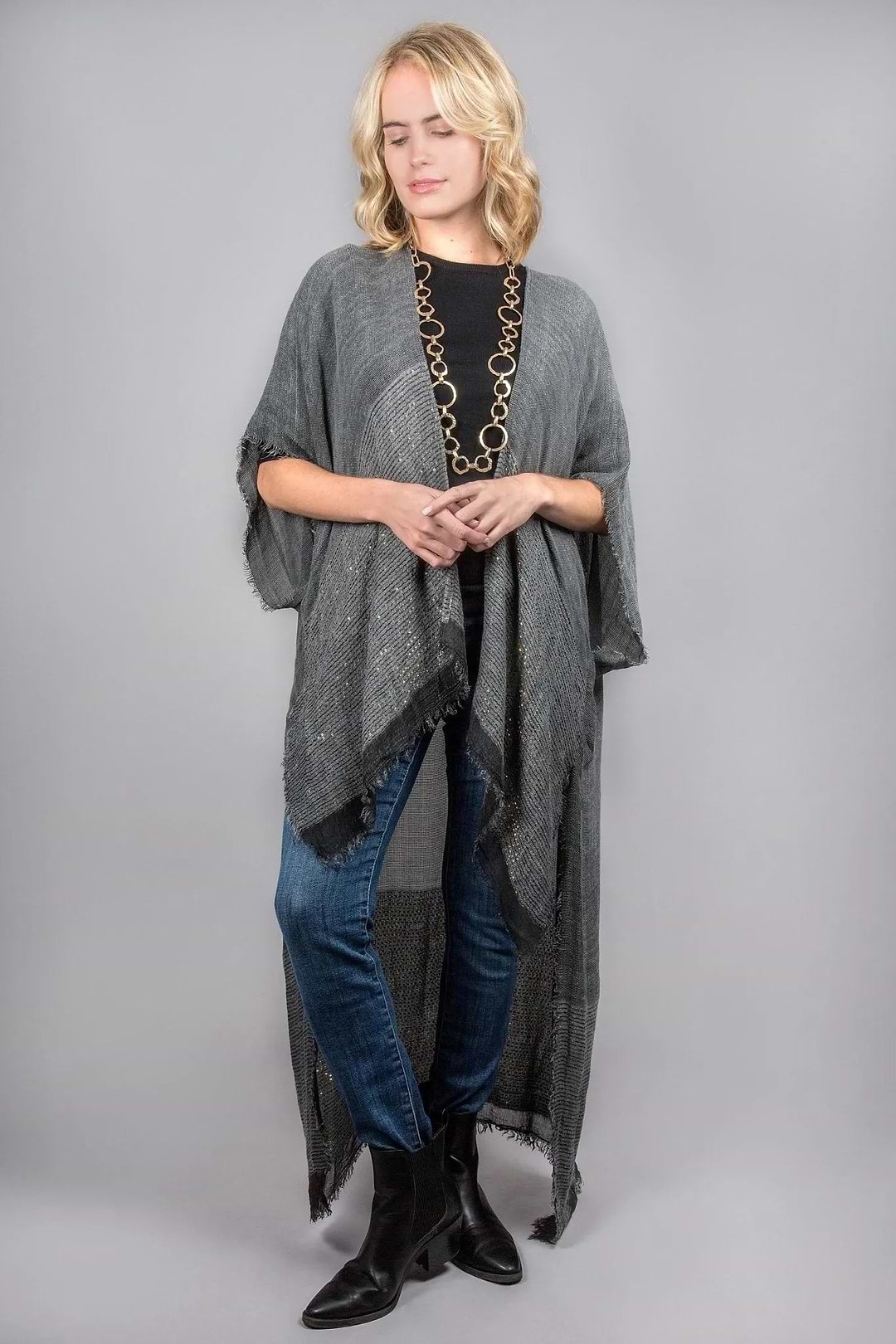 Fringed Sequin Kimono - Black