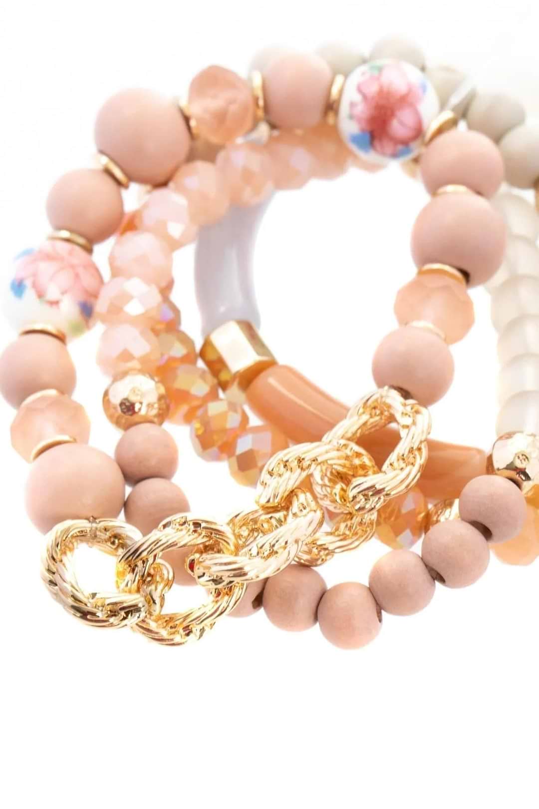 Beaded Wood Chain Link Bracelet Set - Dark salmon
