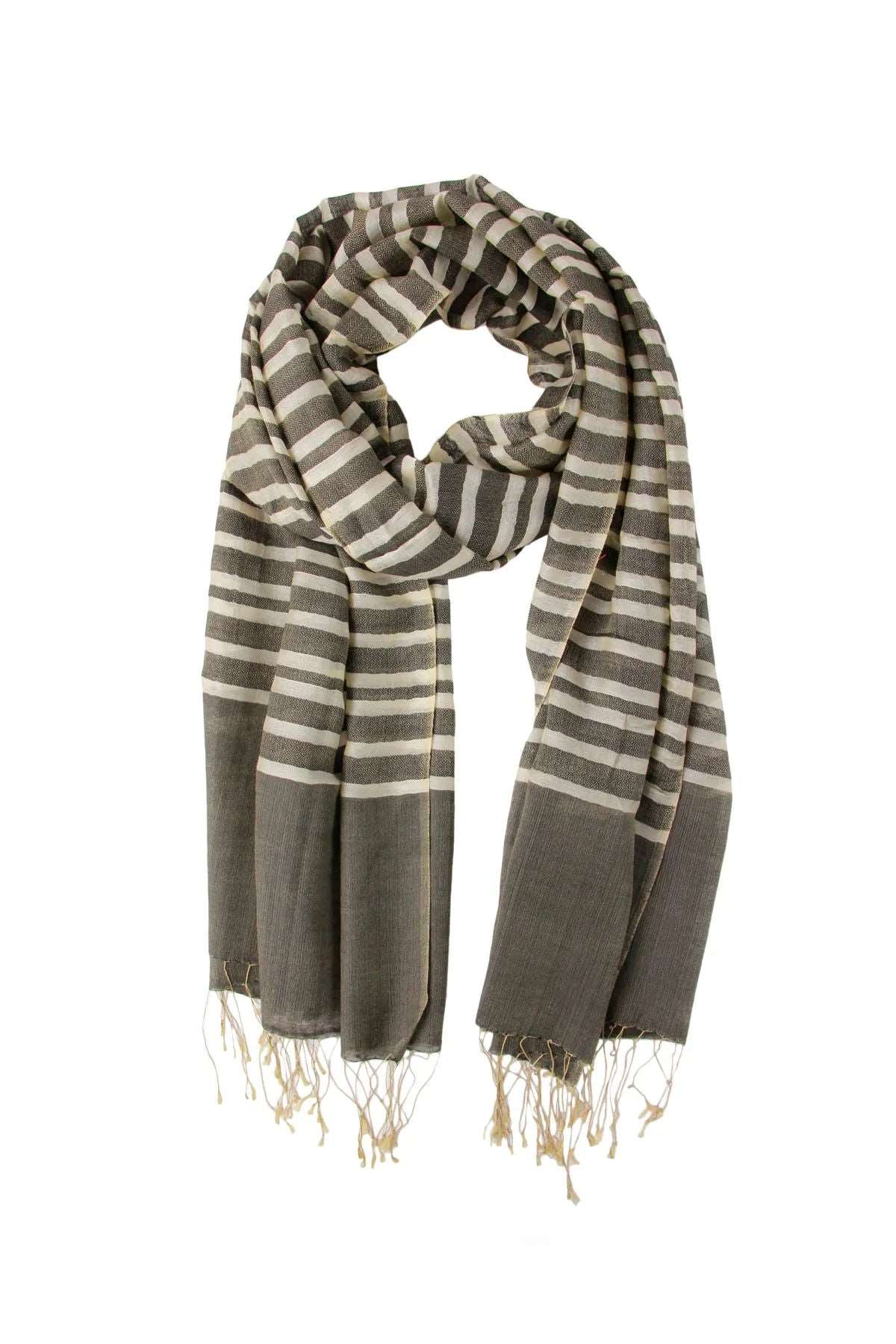 Camille Striped Lightweight Printed Scarf With Fringe Dim Gray