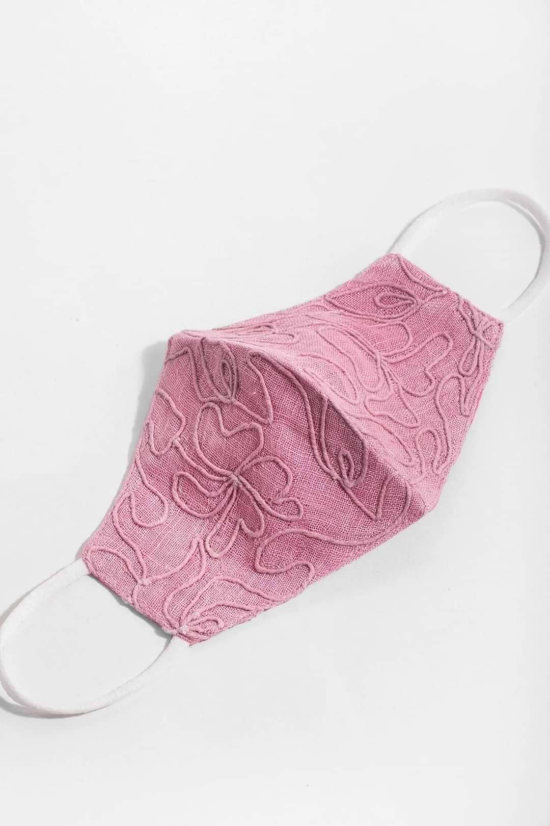 Linen Embroidered Mask Pink