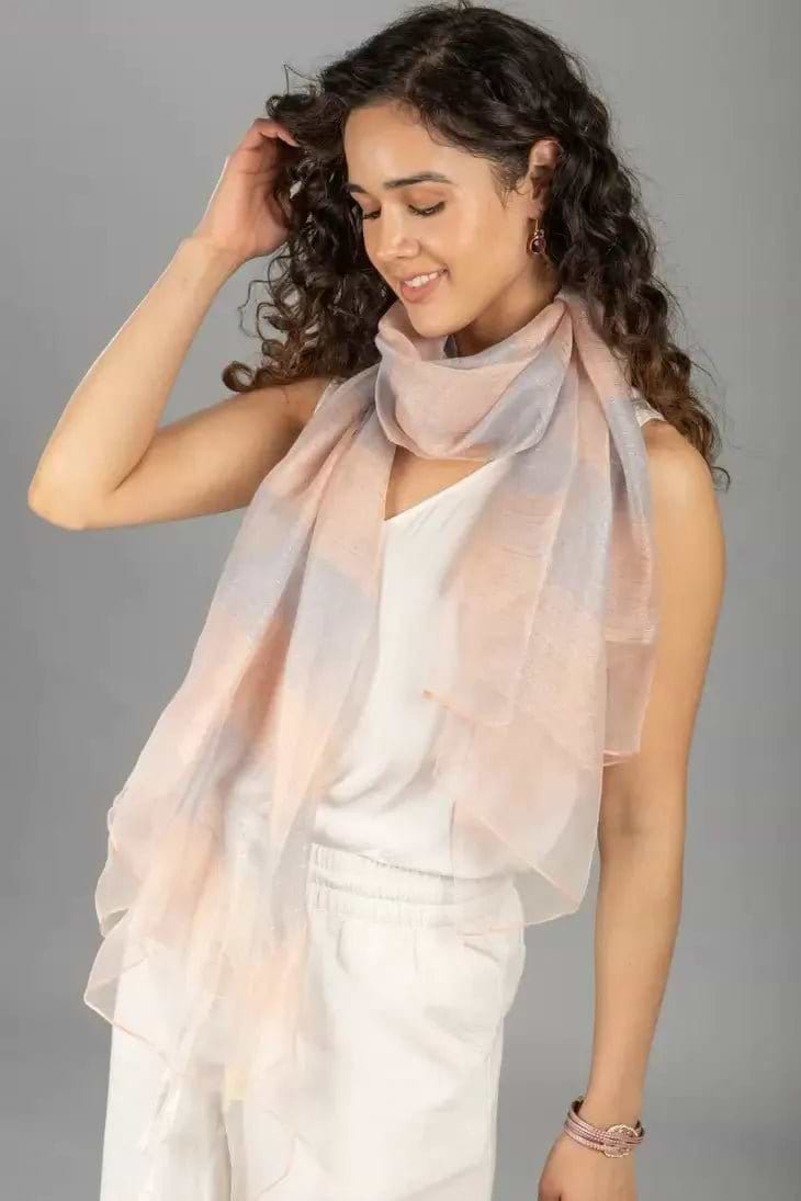 Silk Wool Shimmering Striped Scarf - Peach Puff