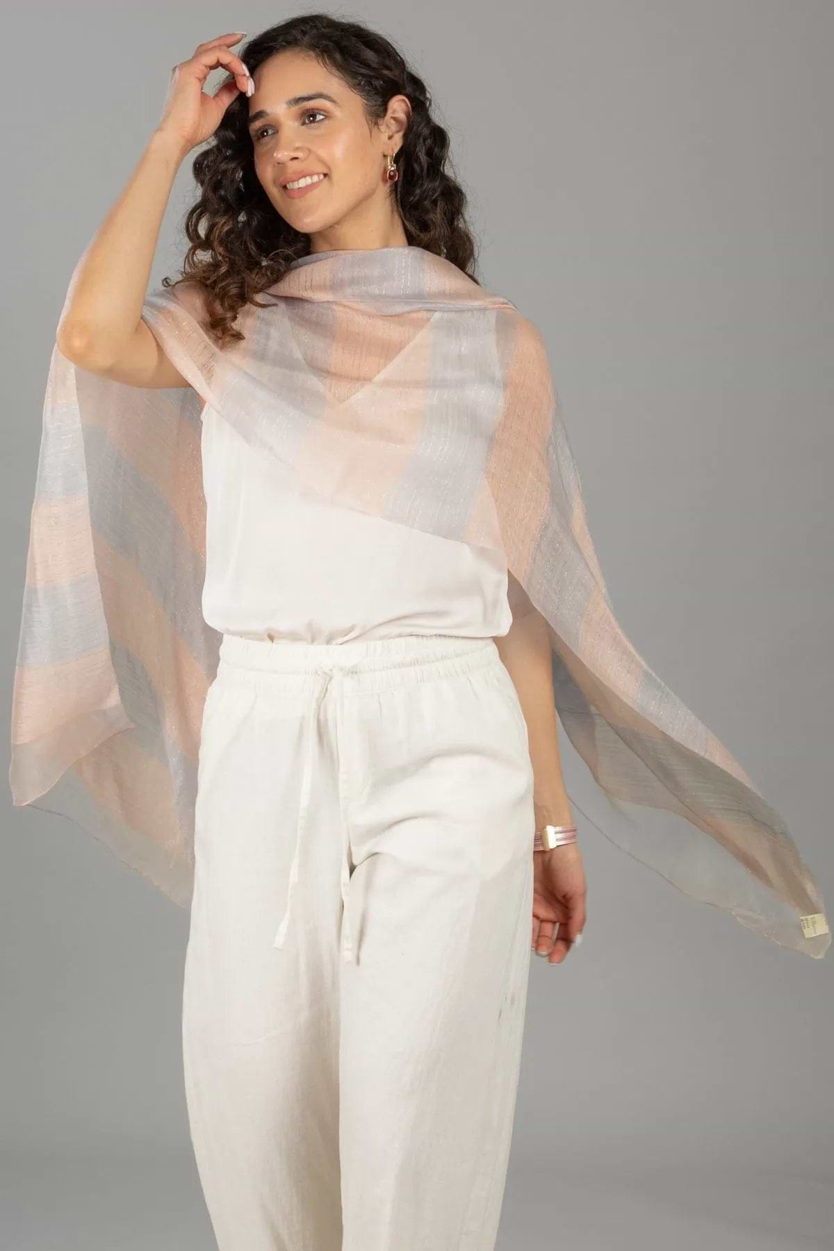Silk Wool Shimmering Striped Scarf - Peach Puff