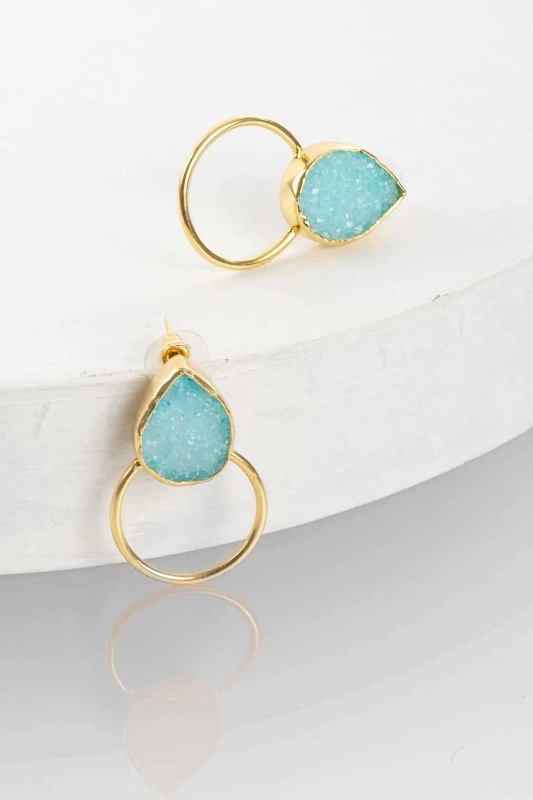Druzy Adorned Hoop Earrings Aqua