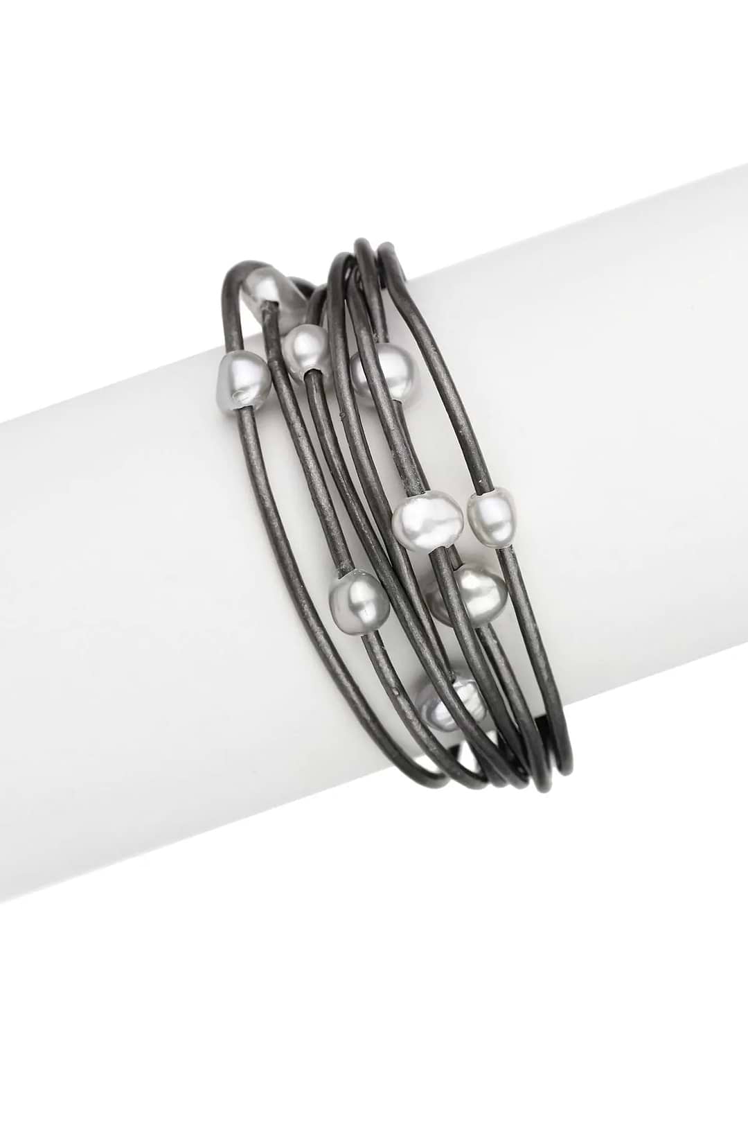 Multi Strand Leather Pearl Bracelet - Dim Gray