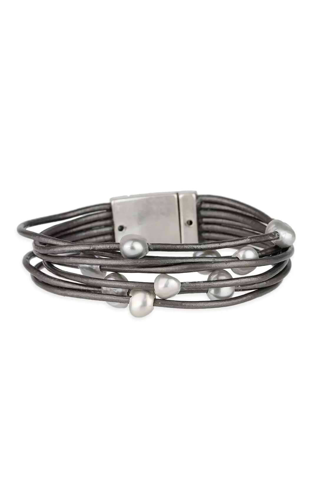 Multi Strand Leather Pearl Bracelet - Dim Gray