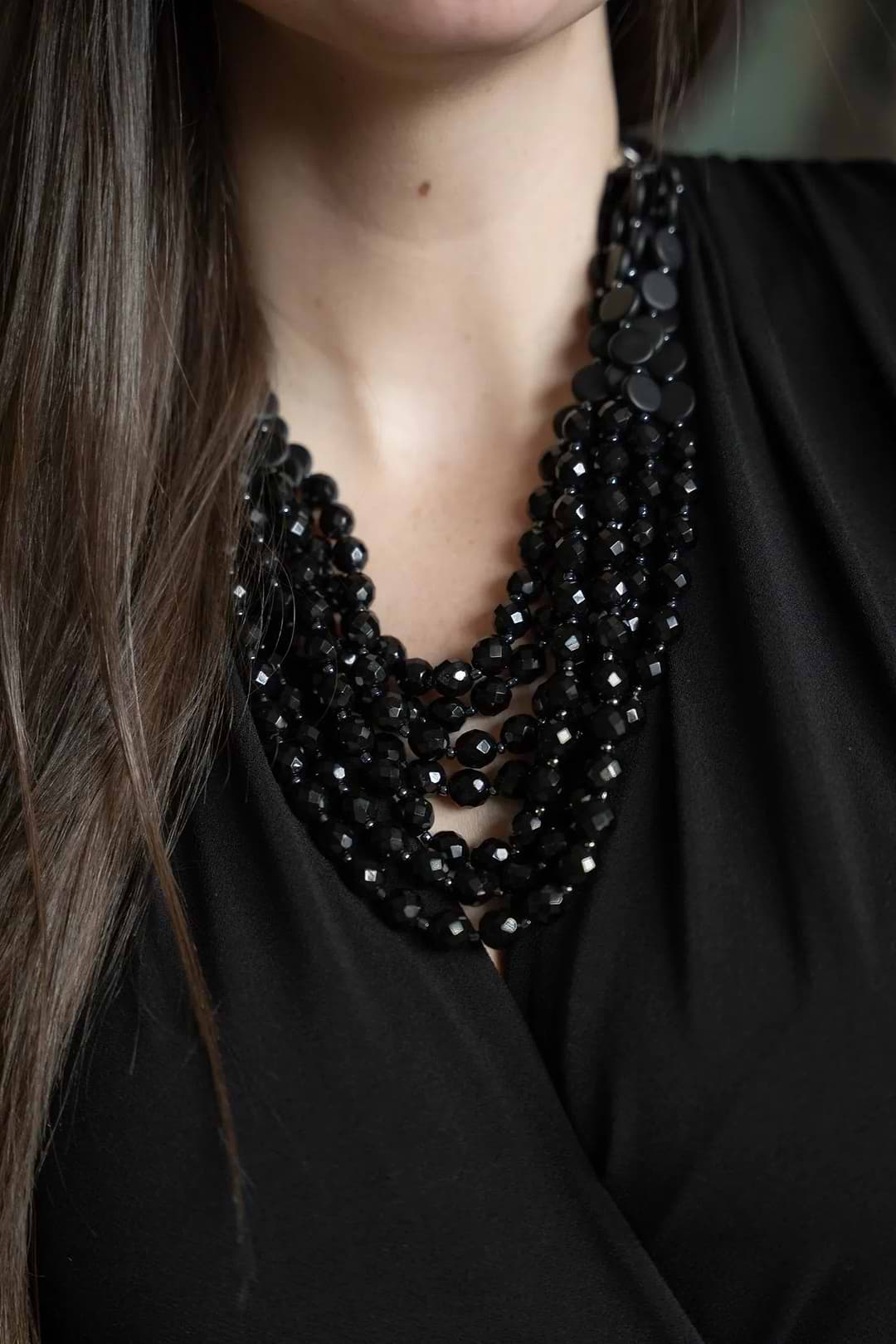 Beaded Multi Strand Chunky Necklace - Black