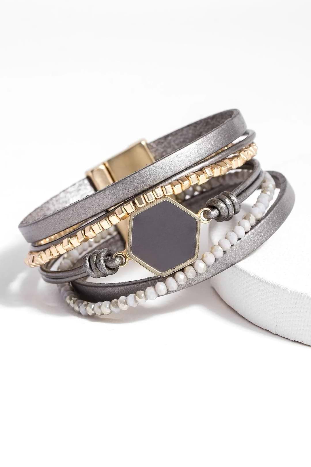 Hexa Leather Bracelet - Light Gray