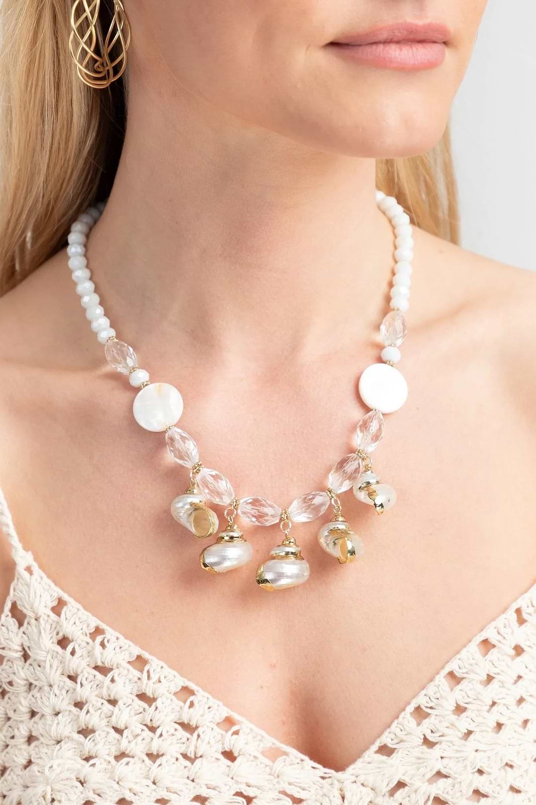 Beaded Gold Seashell Necklace - White