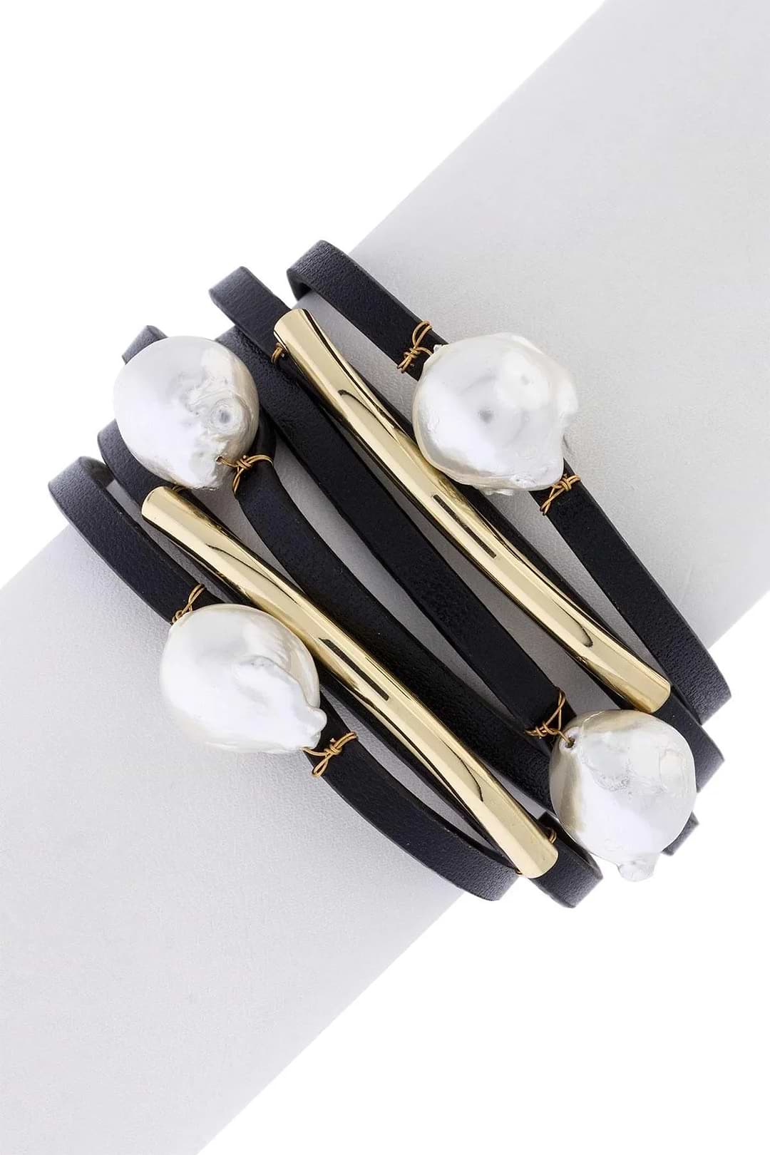 Achai Pearl Double Wrap Leather Bracelet Black