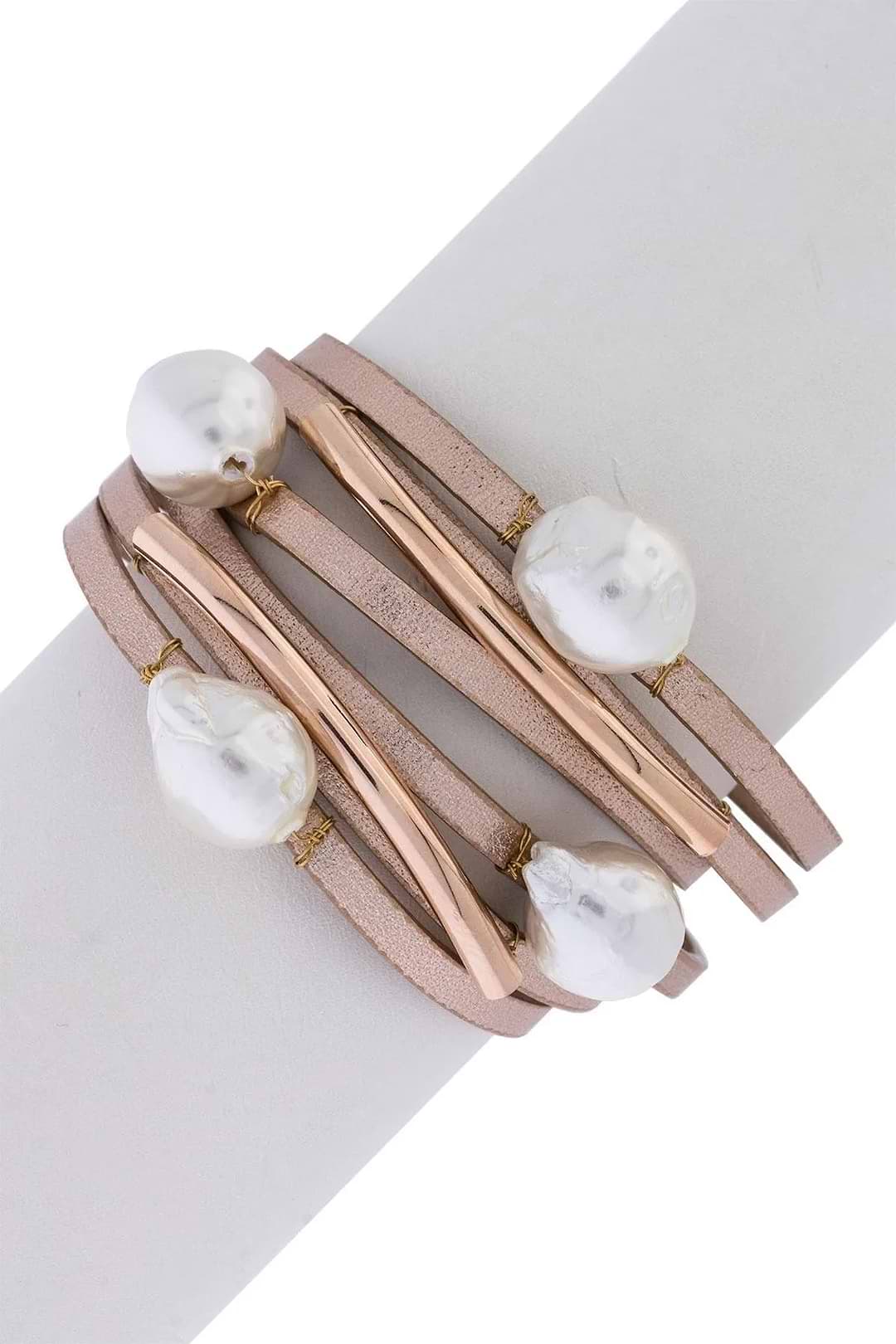 Achai Pearl Double Wrap Leather Bracelet Mistyrose