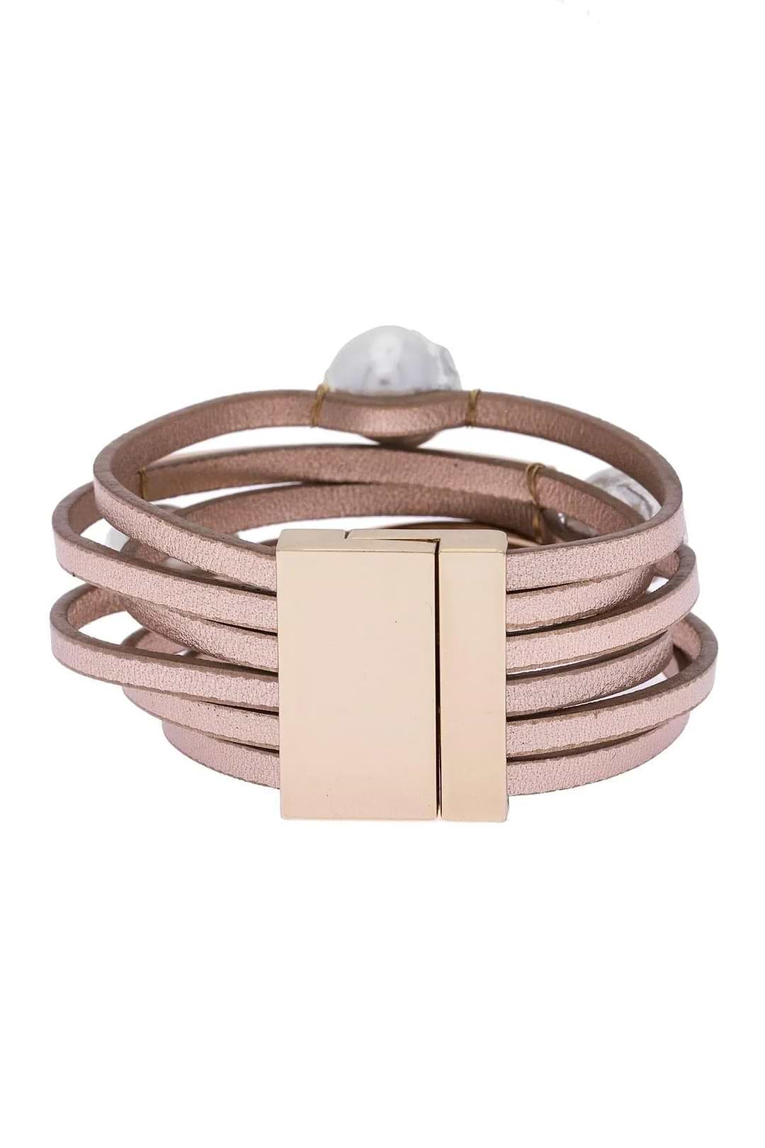 Achai Pearl Double Wrap Leather Bracelet Mistyrose