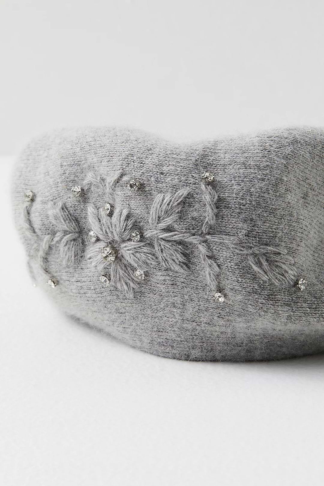 Crystal Embellished Floral Beret - Dark Gray