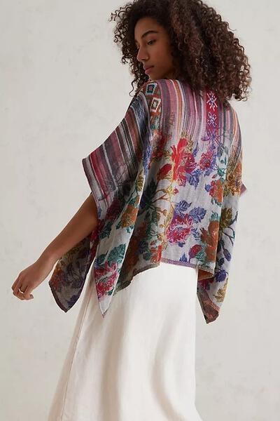 Floral Geometric Short Open Poncho - Dark Multi