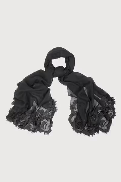 Floral Swirl Beaded Wool Scarf - Black