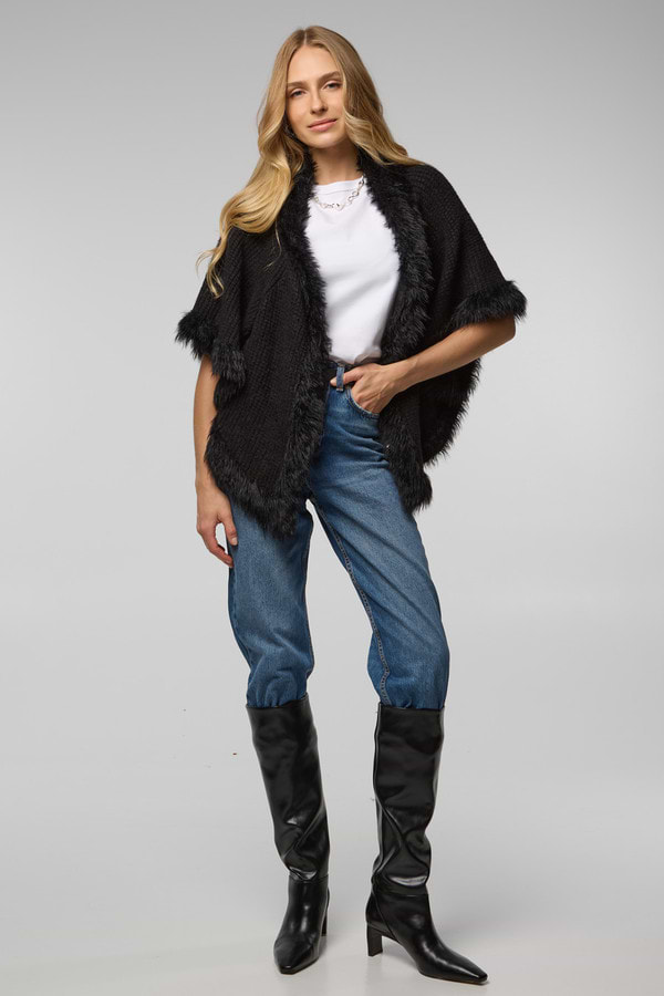 FUR TRIM KNIT OPEN CARDIGAN - Black