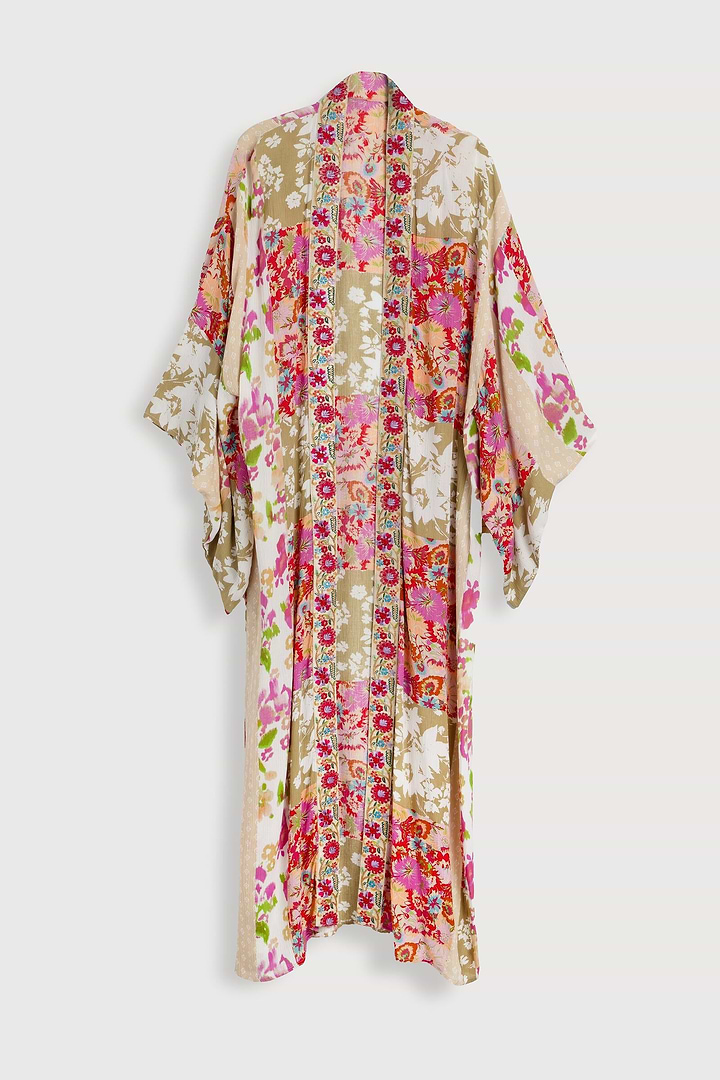 Lace Embroidered Floral Kimono - Pink