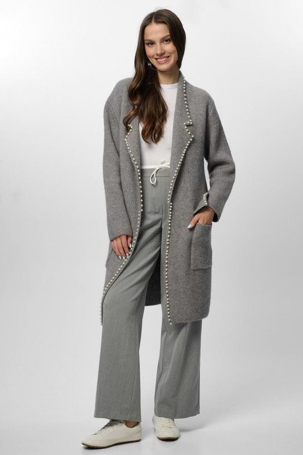 Pearl Trim Long Knit Blazer - Grey