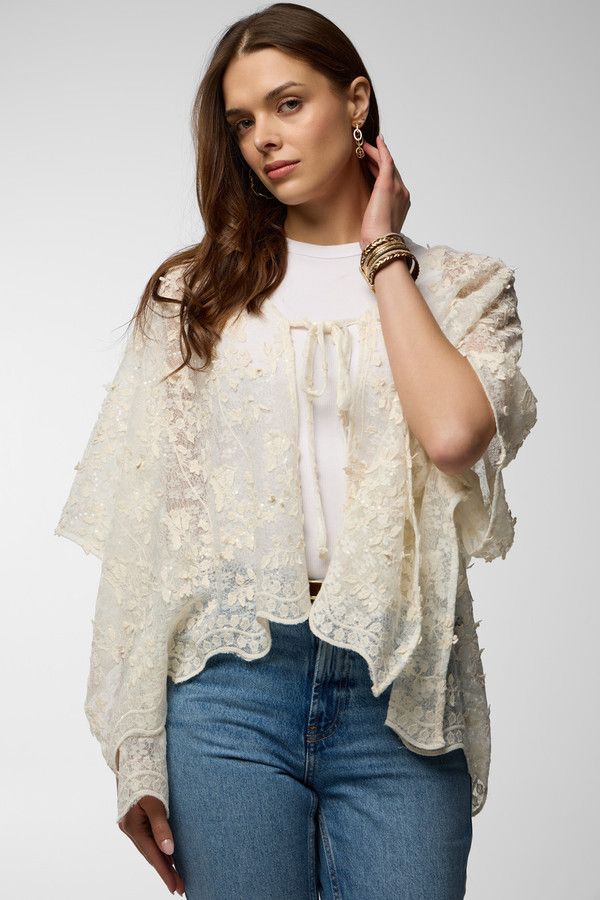 Floral Lace Tie Front Ruana - Ivory