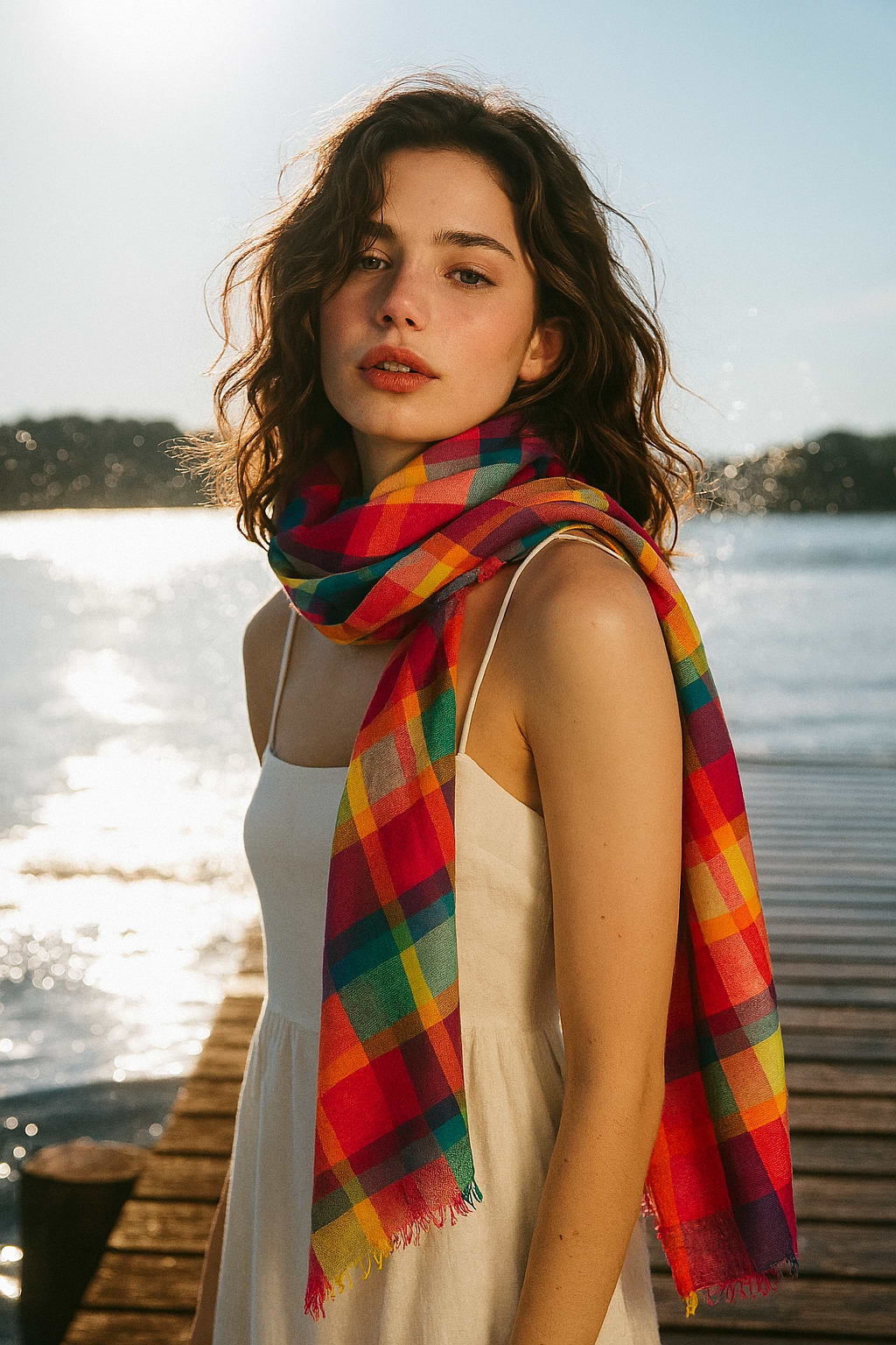 Rainbow Plaid Cotton Scarf - Fuchsia