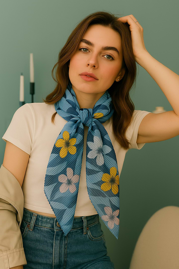 Pleated Floral Geo Scarf - SAACHI - BLUE - Scarves
