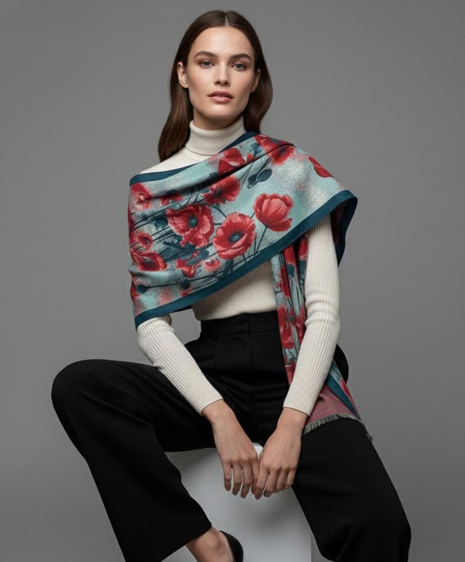 Poppy Bold Reversible Scarf - Turquoise