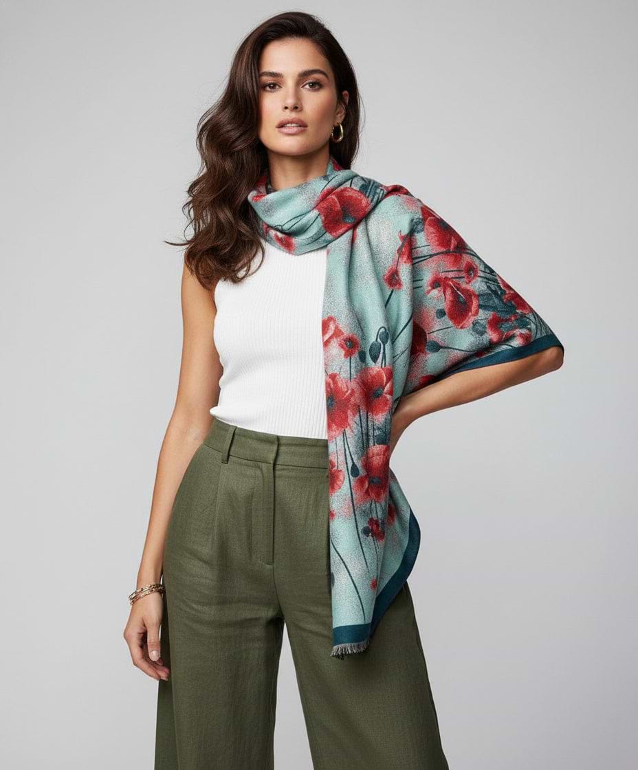 Poppy Bold Reversible Scarf - Turquoise