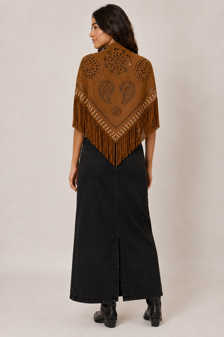 Paisley Laser Cut Fringe Triangle Wrap with Studs