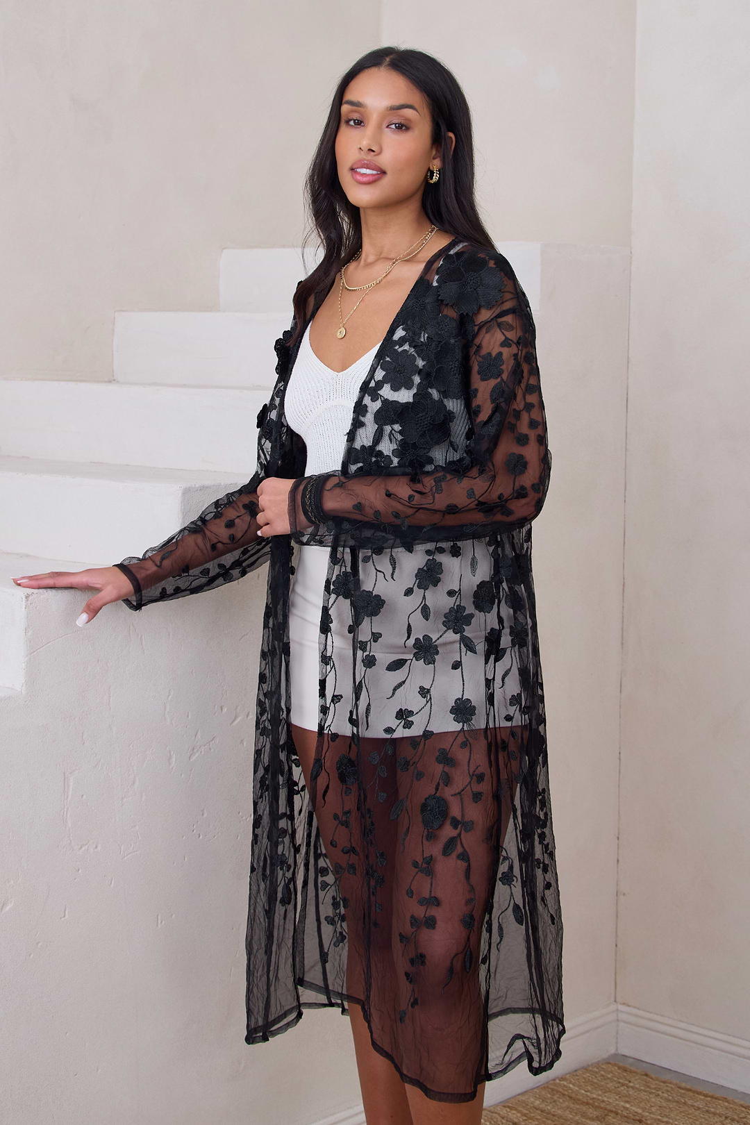 Sheer Floral Duster - Black