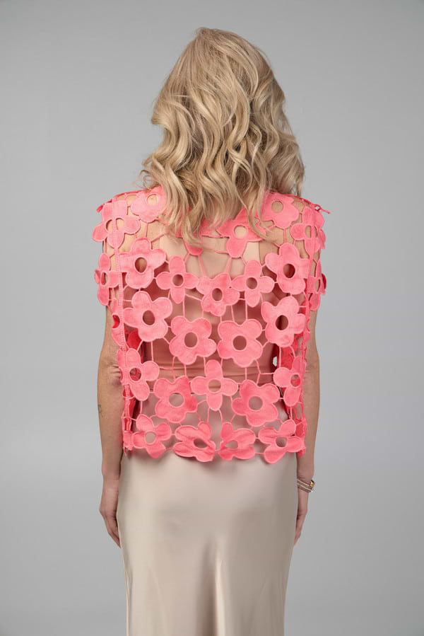 Floral Open Knit Vest Top - Coral