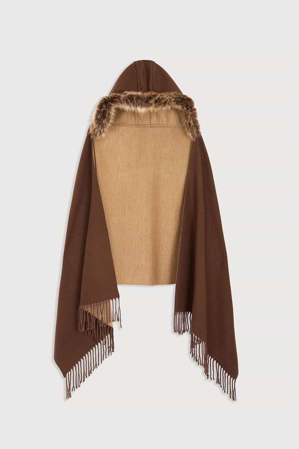 Fringe Fur Hood Scarf - Brown