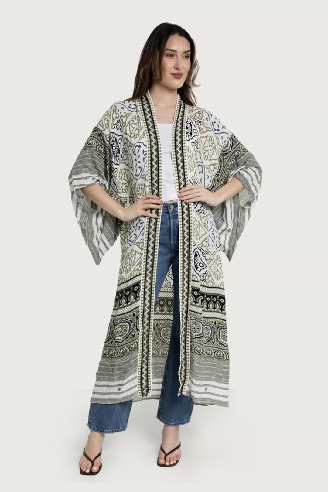 Mosaic Tile Pattern Kimono - White Combo