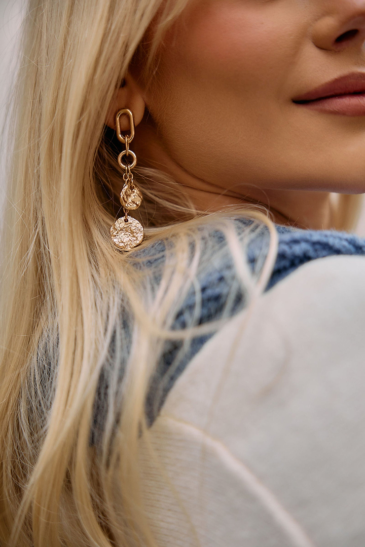 Hammered Coin Chain Earrings in Gold on model