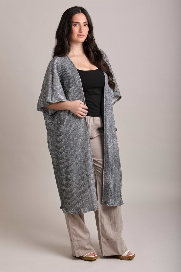 Pleated Metallic Kimono - Gunmetal