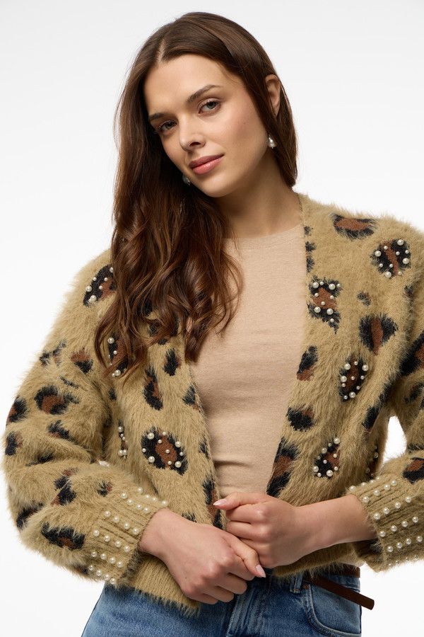 Animal Print Pearl Cardigan - Brown