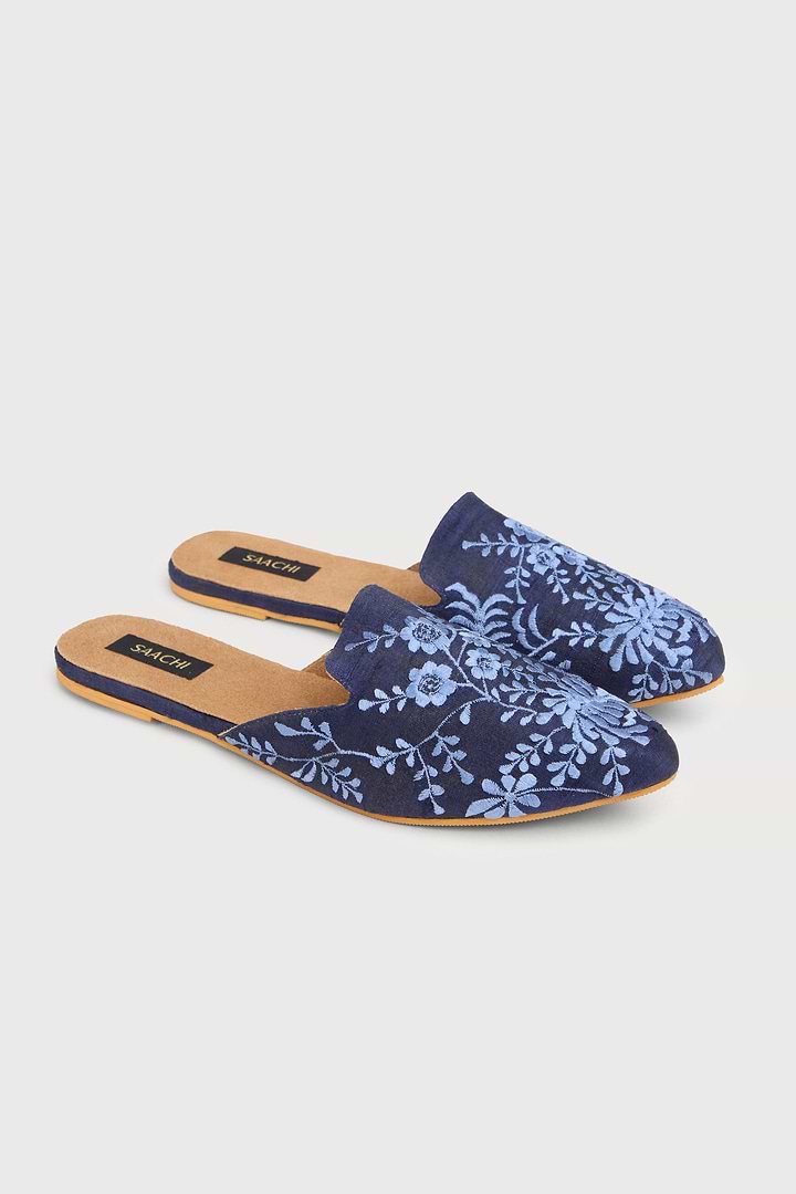 Flower and Leaf Motif Shoe Pointed Flat Mule - Navy
