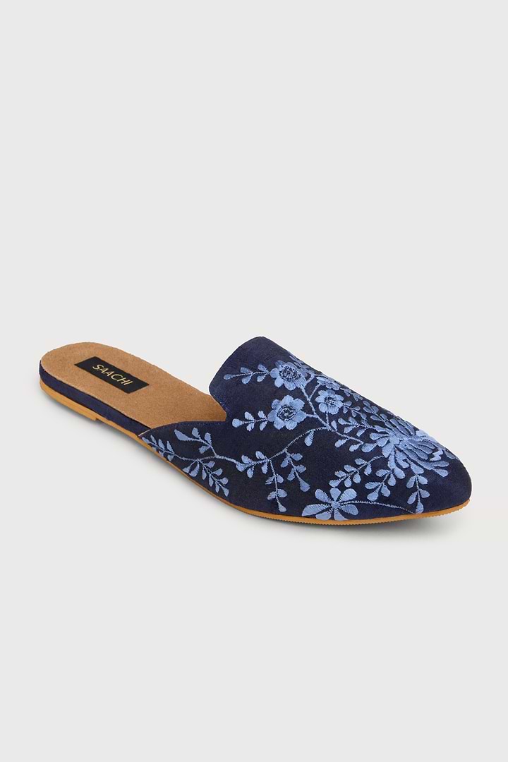 Flower and Leaf Motif Shoe Pointed Flat Mule - Navy