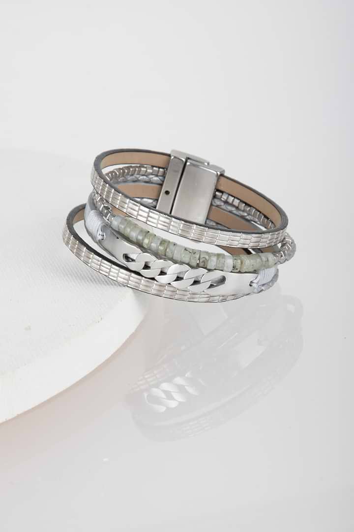 Natural Stones and Chain Leath - Grey