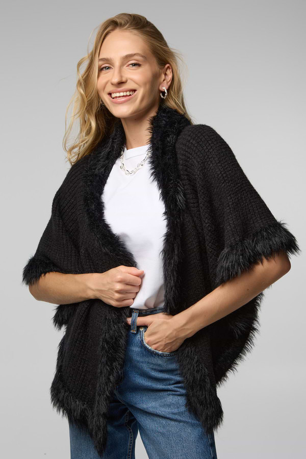 FUR TRIM KNIT OPEN CARDIGAN - Black