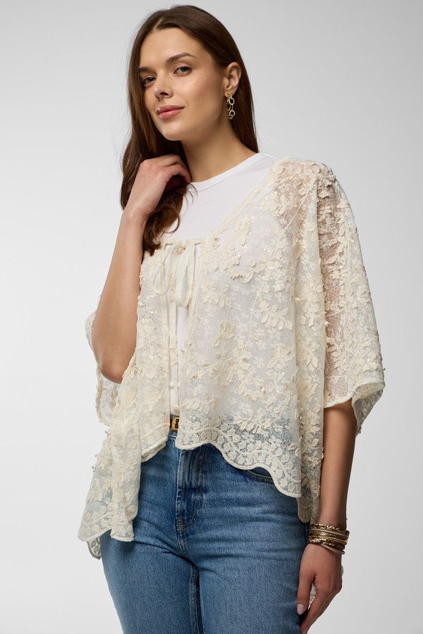 Floral Lace Tie Front Ruana - Ivory