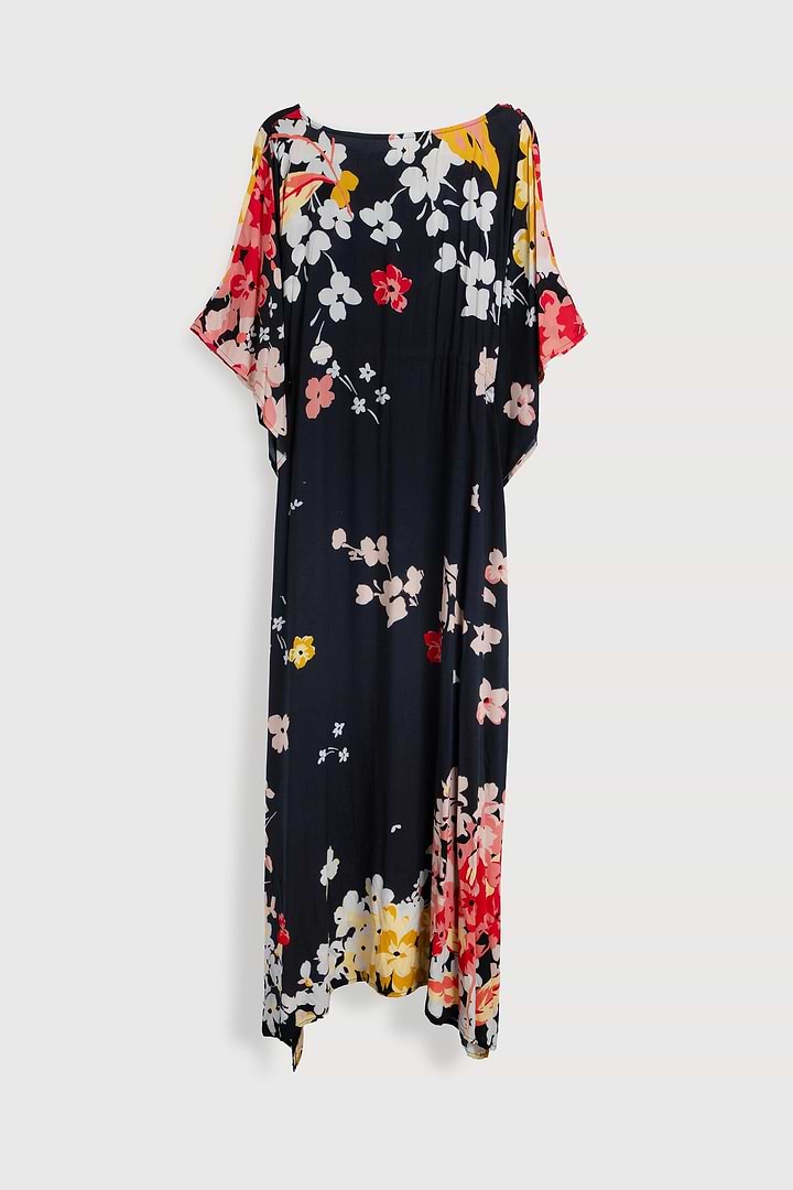 Multicolored Fiore Tie Waist Keyhole Kaftan - Black Combo