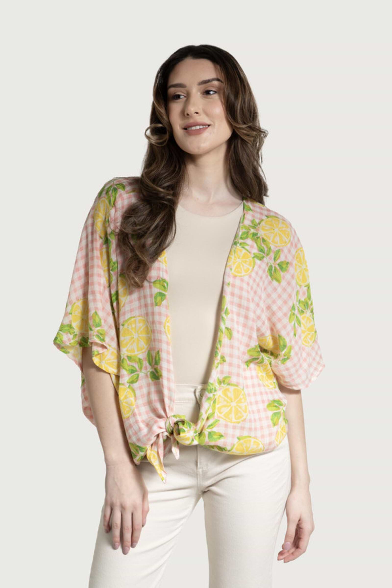 Short Tie Front Kimono Citrus Gingham - Pink