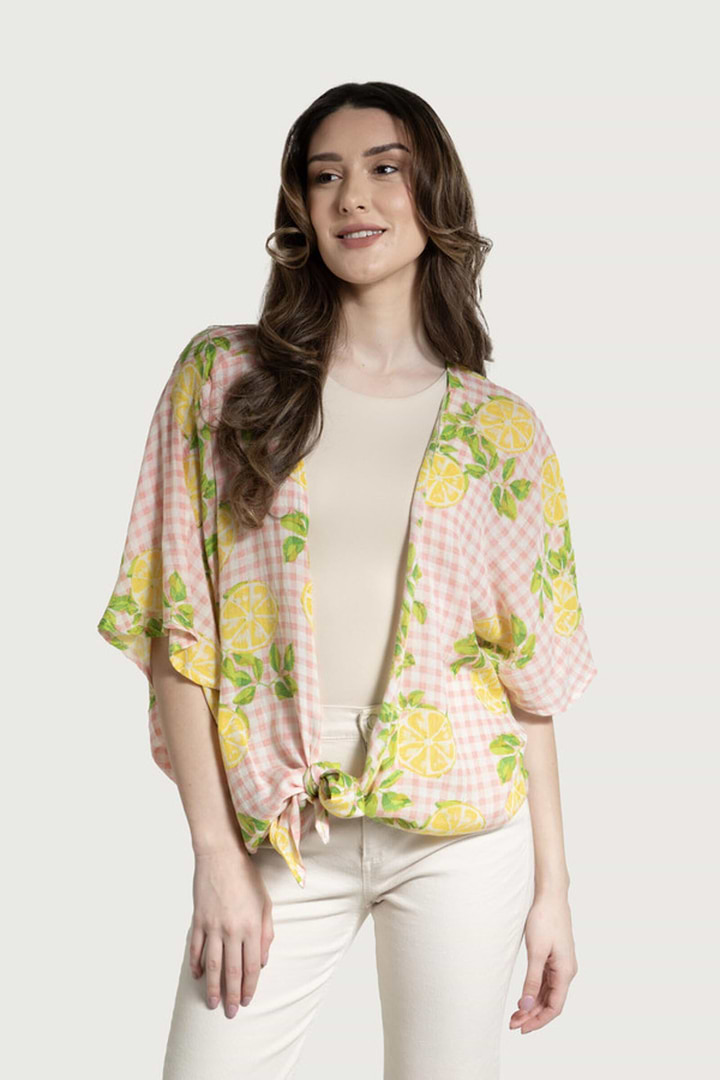Short Tie Front Kimono Citrus Gingham - Pink