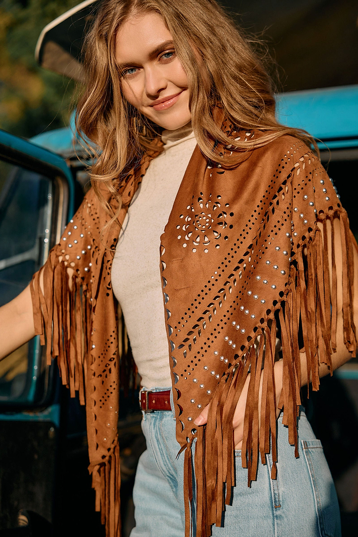 Paisley Laser Cut Fringe Triangle Wrap with Studs in Camel