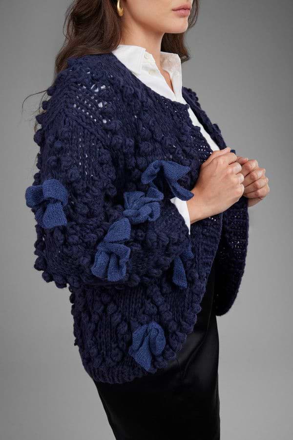 Textured  Bow Cardigan Sweater - Navy