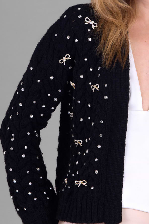 Bow Jeweled Cardigan - Black
