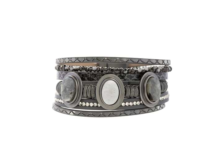 TRIPLICITY STONE LEATHER BRACELET - Gunmetal