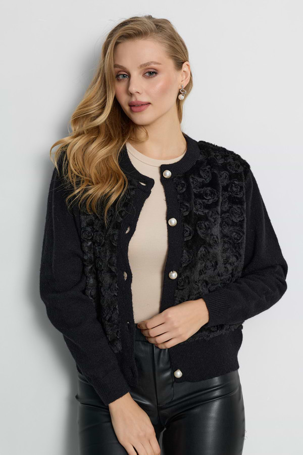 Floral Velour Button Cardigan - Black