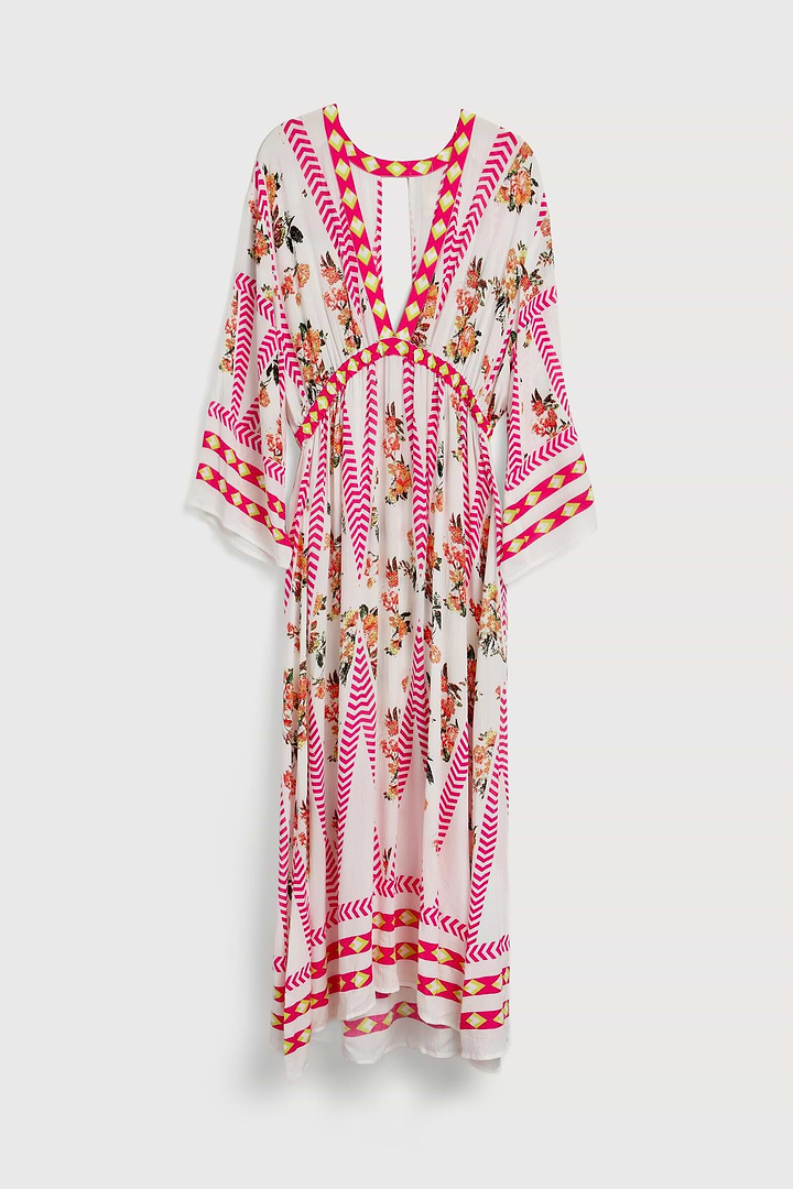Aztec Floral Keyhole Kaftan - White Combo